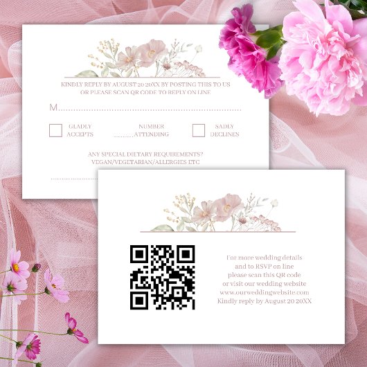 Carte D'accompagnement Fleur sauvage moderne blanc Mariage QR Code RSVP