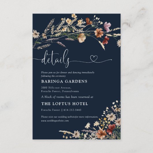 Carte D'accompagnement Fleur sauvage Navy Blue Tiny Détails du Mariage (Devant)