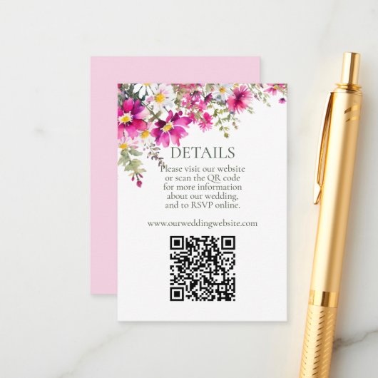 Carte D'accompagnement Fleur sauvage rose vif QR Code Détails du Mariage (Devant/Arrière en situation)