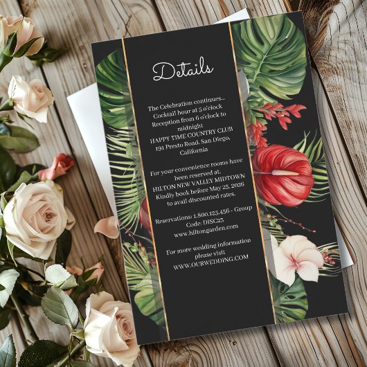 Carte D'accompagnement Fleur tropicale et détails feuille de mariage fonc