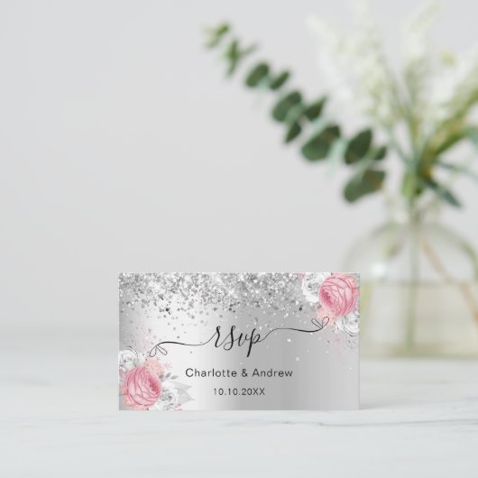 Carte D'accompagnement Fleuron rose argent site mariage RSVP QR code (Debout devant)
