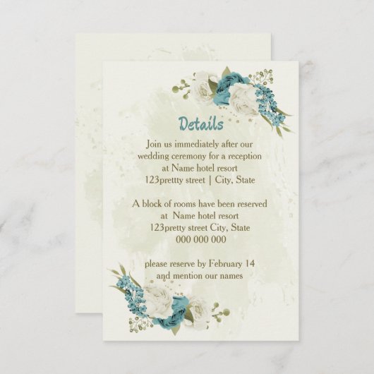 Carte D'accompagnement fleurs blanches bleues vert détails mariage (Devant / Derrière)