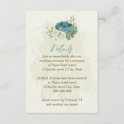 Carte D'accompagnement fleurs blanches bleues vert détails mariage (Devant)