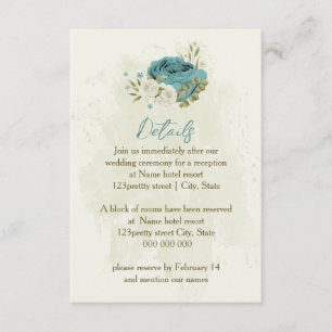 Carte D'accompagnement fleurs blanches bleues vert détails mariage