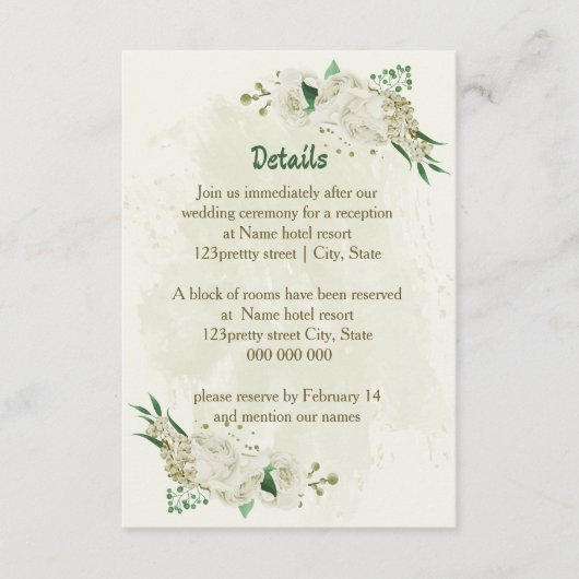 Carte D'accompagnement Fleurs blanches d'ivoire vert détails mariage (Devant)
