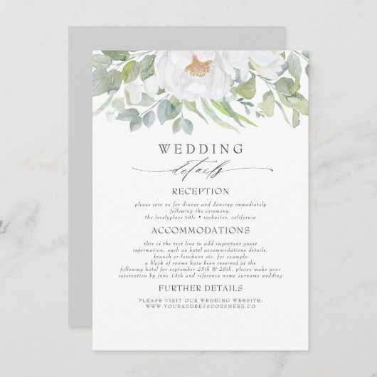 Carte D'accompagnement Fleurs blanches et verdure Informations Mariages (Devant / Derrière)