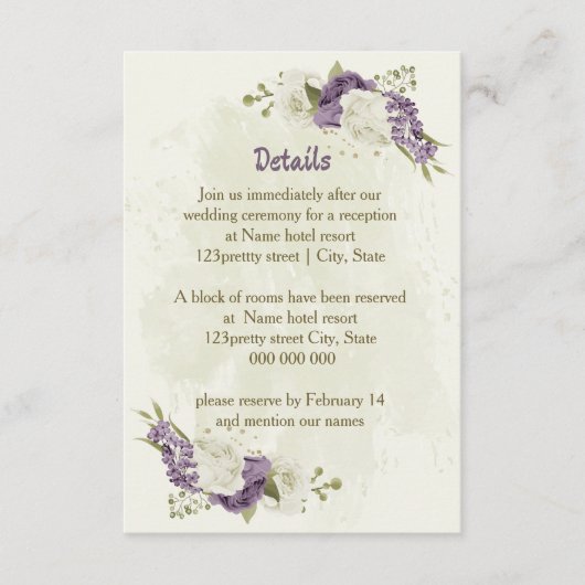 Carte D'accompagnement fleurs blanches mauve verdure détails mariages (Devant)