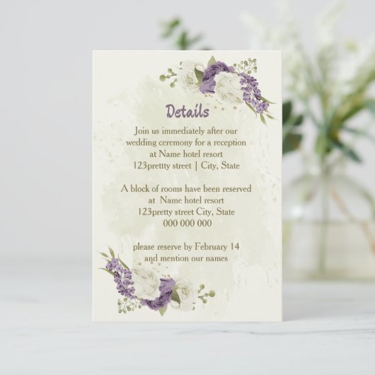 Carte D'accompagnement fleurs blanches mauve verdure détails mariages (Debout devant)