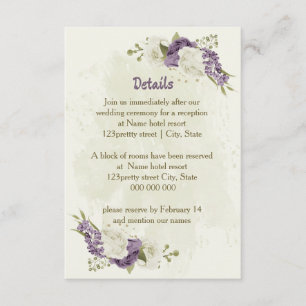Carte D'accompagnement fleurs blanches mauve verdure détails mariages