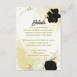 Carte D'accompagnement fleurs blanches noires or feuilles