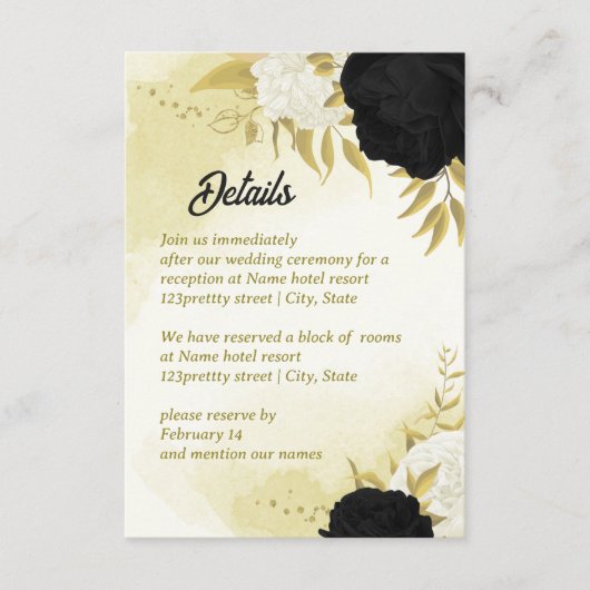Carte D'accompagnement fleurs blanches noires or feuilles (Devant)