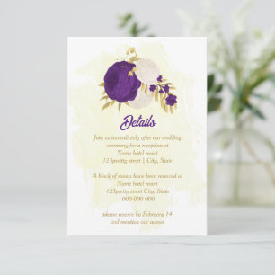 Carte D'accompagnement fleurs blanches royales violettes or mariage botan