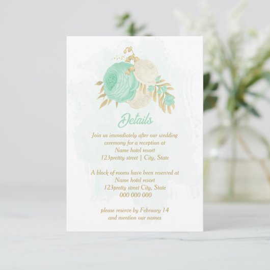 Carte D'accompagnement fleurs blanches vert menthe or mariage (Debout devant)