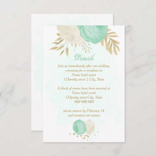 Carte D'accompagnement fleurs blanches vert menthe or mariage (Devant / Derrière)