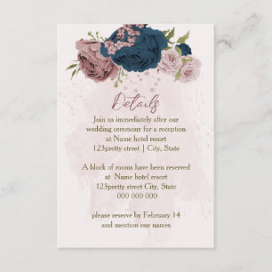 Carte D'accompagnement fleurs bleu marine rose détails mariage