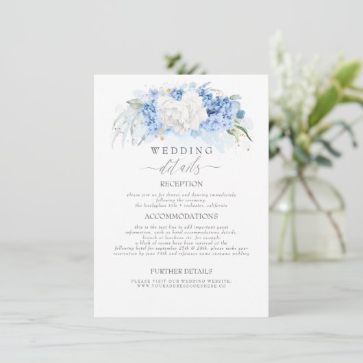 Carte D'accompagnement Fleurs bleues blanches et poussiéreuses Informatio (Debout devant)