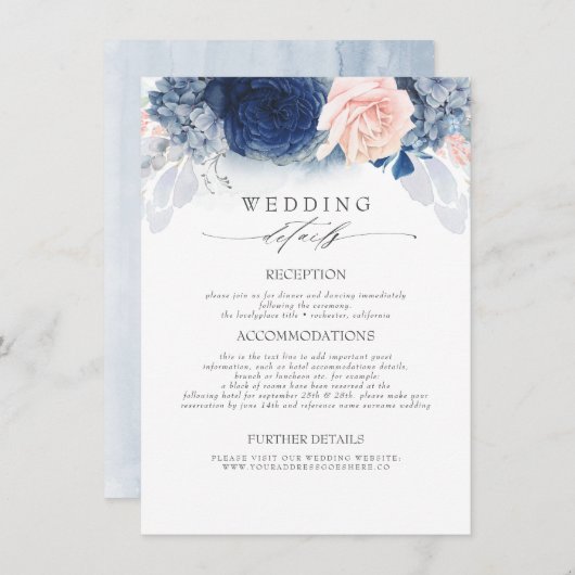 Carte D'accompagnement Fleurs bleues et bleues Informations sur le Mariag (Devant / Derrière)