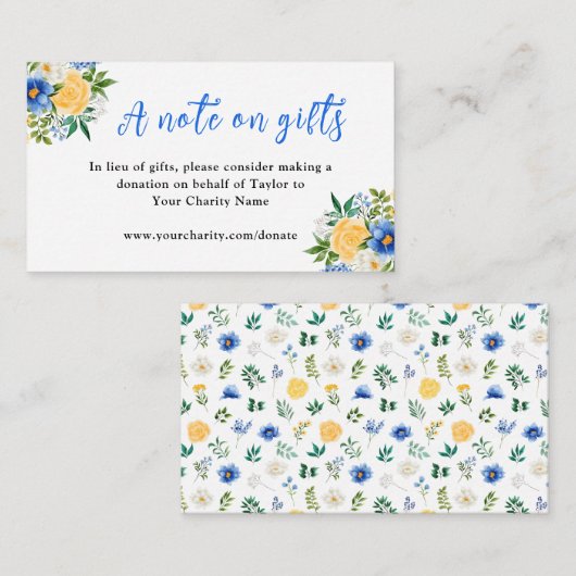 Carte D'accompagnement Fleurs bleues et jaunes Anniversaire Une note sur (Devant / Derrière)