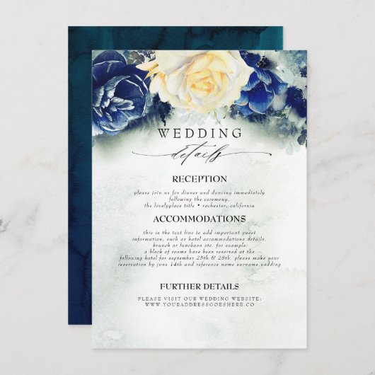 Carte D'accompagnement Fleurs bleues et jaunes Informations Mariages (Devant / Derrière)