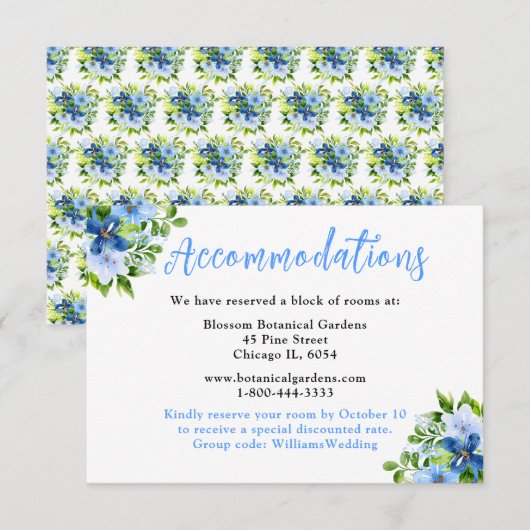 Carte D'accompagnement Fleurs bleues et navy avec feuillage  (Devant / Derrière)