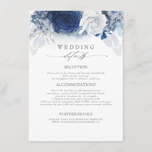 Carte D'accompagnement Fleurs bleues Informations Mariage (Devant)