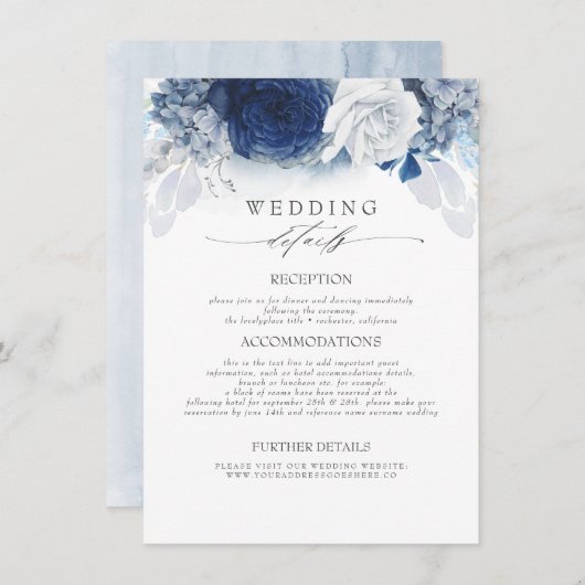 Carte D'accompagnement Fleurs bleues Informations Mariage (Devant / Derrière)