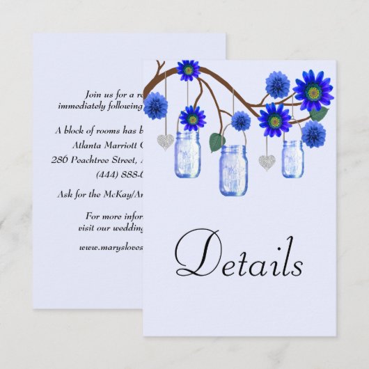 Carte D'accompagnement Fleurs bleues Mason Jars Détails du Mariage (Devant / Derrière)