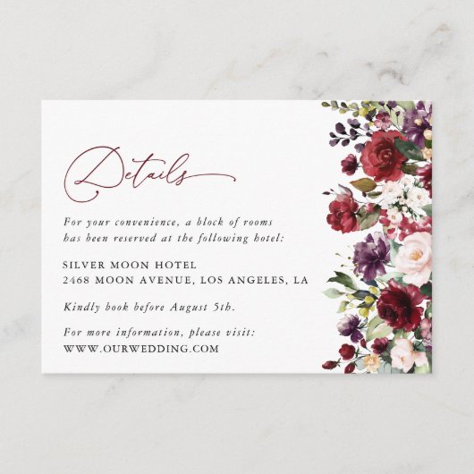 Carte D'accompagnement Fleurs Bourgognes, Fleurs roses, Détails Mariages (Devant)