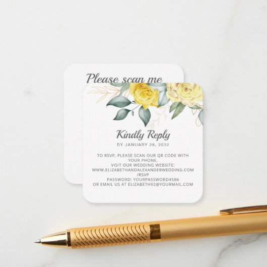 Carte D'accompagnement Fleurs d'aquarelle jaune romantique Code QR RSVP (Devant/Arrière en situation)