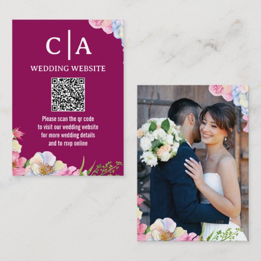Carte D'accompagnement Fleurs d'aquarelle rose bleu Mariage de code QR (Devant / Derrière)