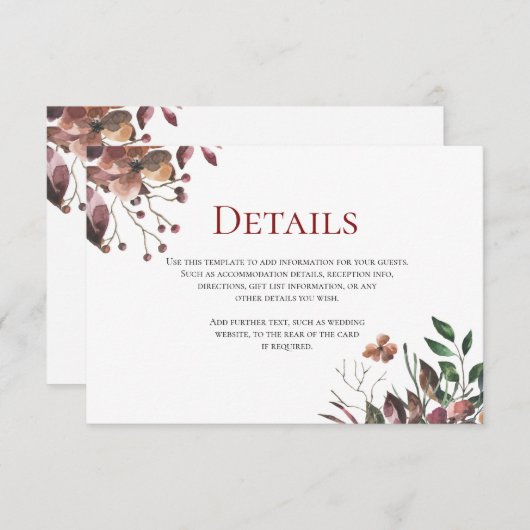 Carte D'accompagnement Fleurs de automne foncé Rustique Mariage Détails C (Devant / Derrière)
