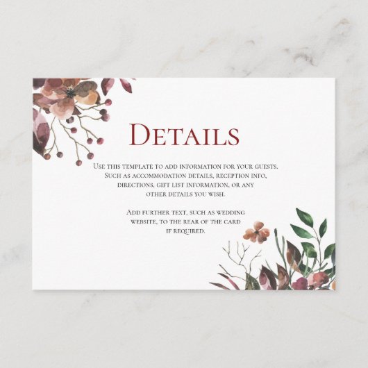 Carte D'accompagnement Fleurs de automne foncé Rustique Mariage Détails C (Devant)