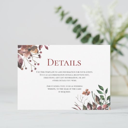 Carte D'accompagnement Fleurs de automne foncé Rustique Mariage Détails C (Debout devant)