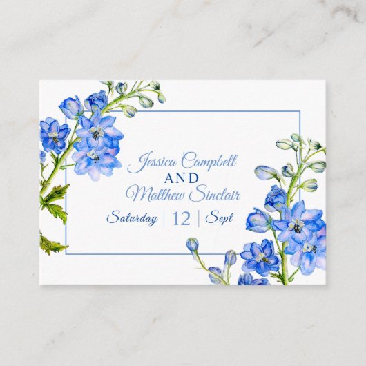 Carte D'accompagnement Fleurs de delphinium bleu aquarelle mariage QR cod (Devant)