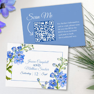 Carte D'accompagnement Fleurs de delphinium bleu aquarelle mariage QR cod