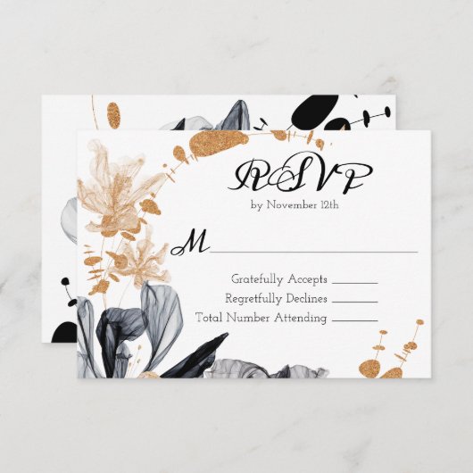 Carte D'accompagnement Fleurs de fumée noire et or Mariage RSVP (Devant / Derrière)
