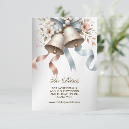 Carte D'accompagnement Fleurs de mariage cloches Rubans bleu rose Beau (Debout devant)