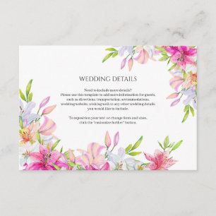 Carte D'accompagnement Fleurs de mariage Lys et oiseaux Aquarelle