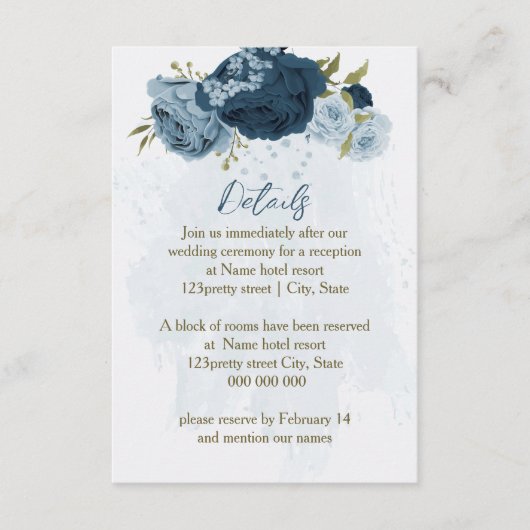 Carte D'accompagnement fleurs de marine bleu clair détails de mariage (Devant)