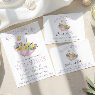 Carte D'accompagnement Fleurs de printemps colorées et livres de paraplui