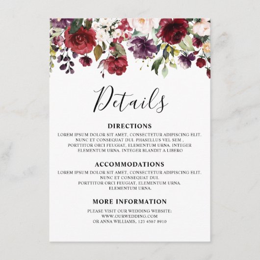 Carte D'accompagnement Fleurs de rose rouge de Bourgogne à l'aquarelle ro (Devant)