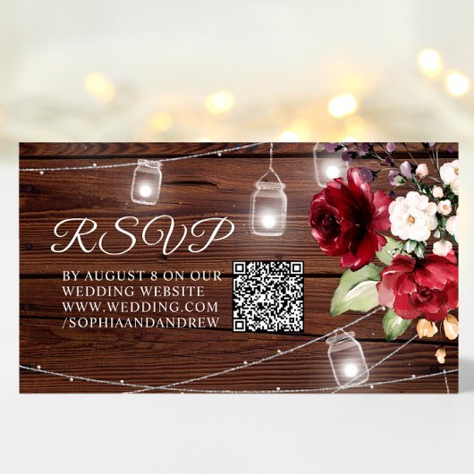 Carte D'accompagnement Fleurs de rose rouge Mariage de bois rustique QR C
