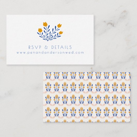 Carte D'accompagnement Fleurs folk Scandi en Mariage bleu et jaune (Devant / Derrière)