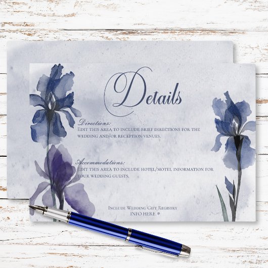 Carte D'accompagnement Fleurs Iris Bleu Moderne Bleu Détails Mariage