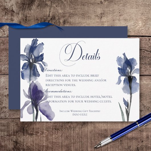 Carte D'accompagnement Fleurs Iris Bleues Détails du Mariage