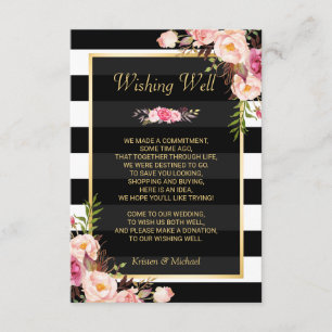 Carte D'accompagnement Fleurs Noir Blanc Rayures Mariage Souhaitant Pui