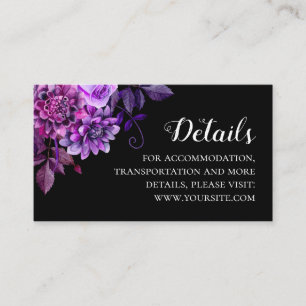 Carte D'accompagnement Fleurs noires et violettes détails mariages. Info