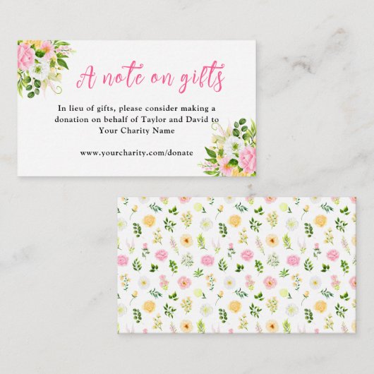 Carte D'accompagnement Fleurs roses et jaunes Mariage Une note sur les ca (Devant / Derrière)