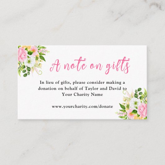 Carte D'accompagnement Fleurs roses et jaunes Mariage Une note sur les ca (Devant)