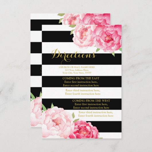 Carte D'accompagnement Fleurs roses - Mariage en bande noire - Direction  (Devant / Derrière)